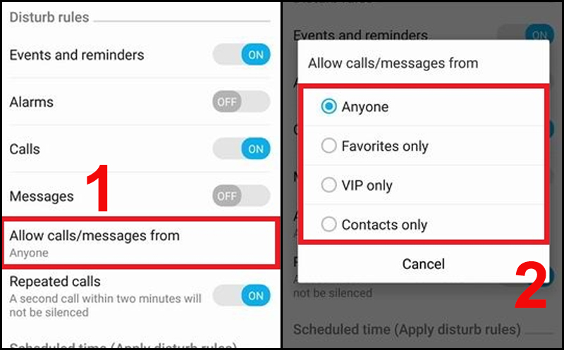 Tùy chỉnh trong mục Allow calls/messages from