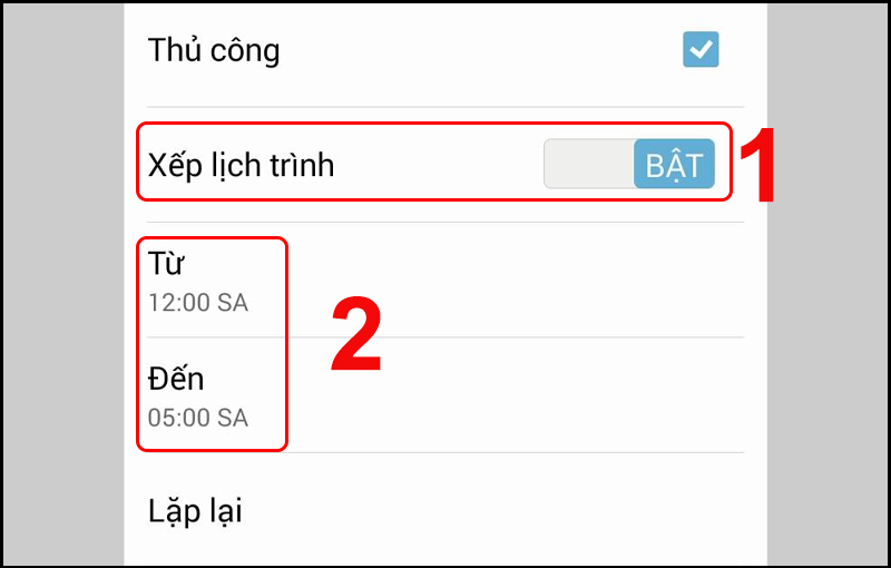 Thao tác thiết lập lịch trình khi bật tính năng đừng làm phiền