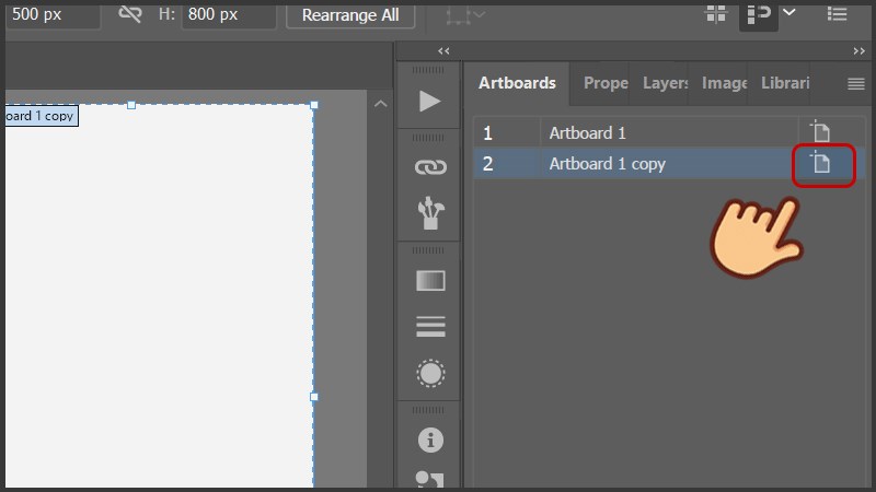 Nhấn đúp vào biểu tượng artboard Nhấn đúp vào biểu tượng artboard