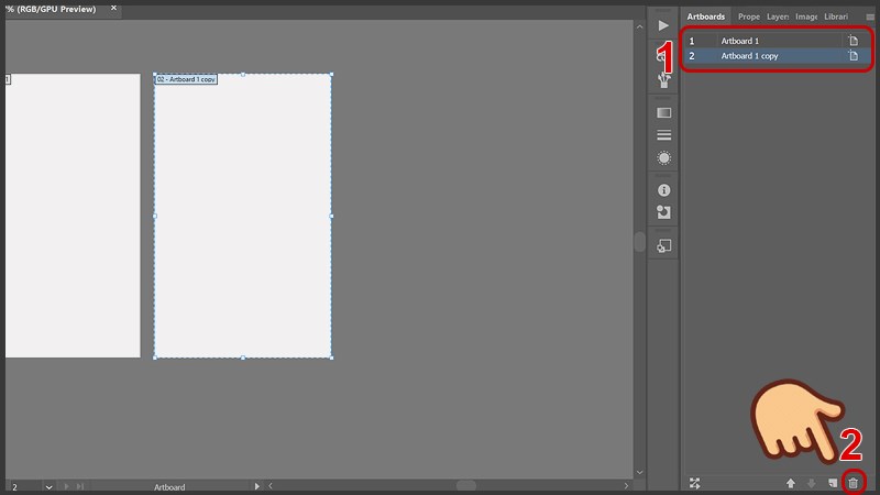 Nhấn chọn Artboard muốn xóa và chọn biểu tượng thùng rác hoặc nhấn phím Delete trên bàn phím Nhấn chọn Artboard muốn xóa và chọn biểu tượng thùng rác hoặc nhấn phím Delete trên bàn phím
