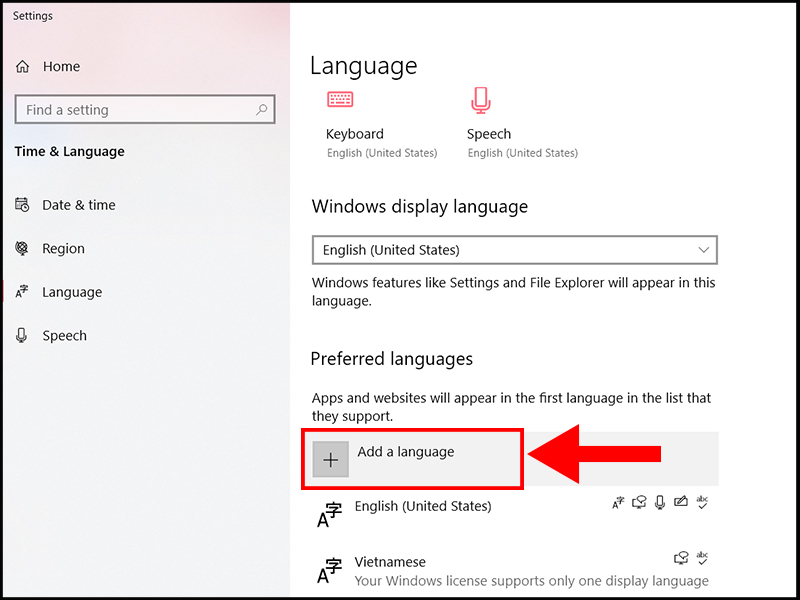 Chọn Add a Language để thêm ngôn ngữ mới
