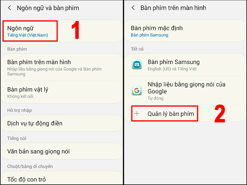 Vào phần Ngôn ngữ chọn Quản lý bàn phím