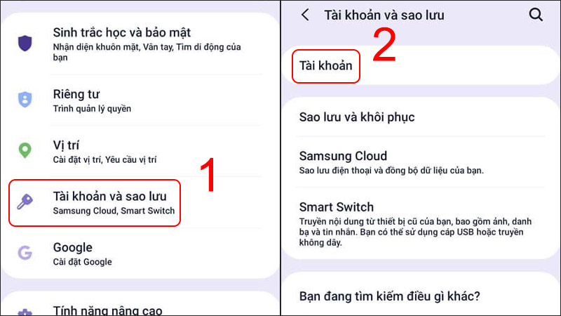 Vào Cài đặt và chọn Tài khoản