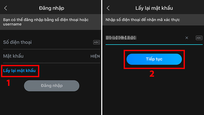 Chọn lấy lại mật khẩu và tiếp tục