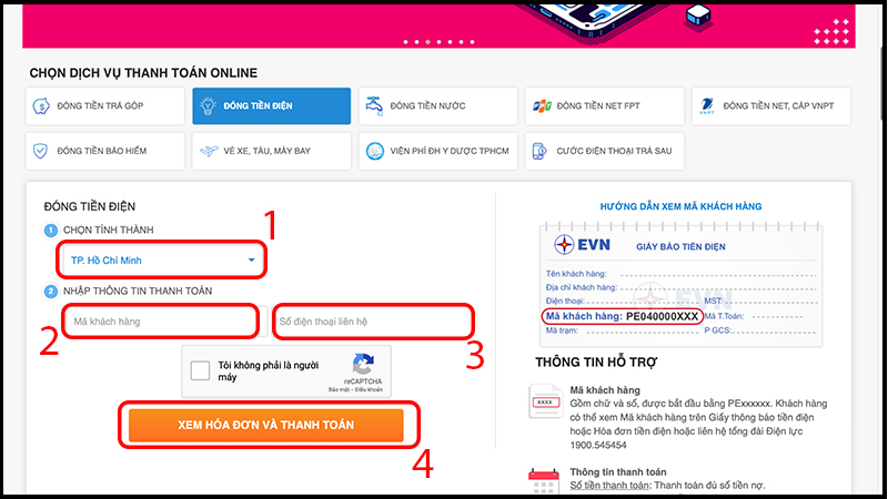Đóng tiền điện online tại website của