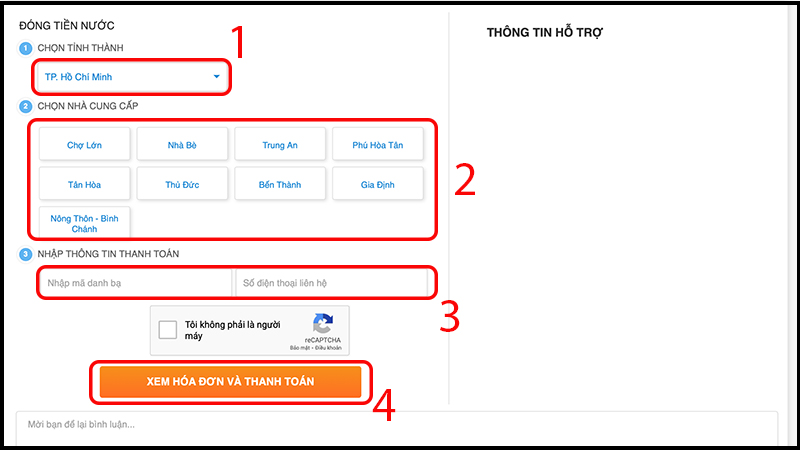 Đóng tiền nước online tại website của