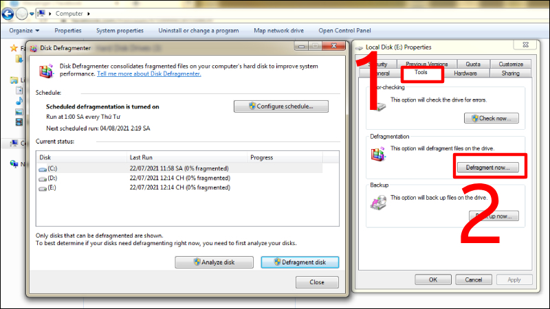 Chọn Defragment Now… tại thẻ Tools