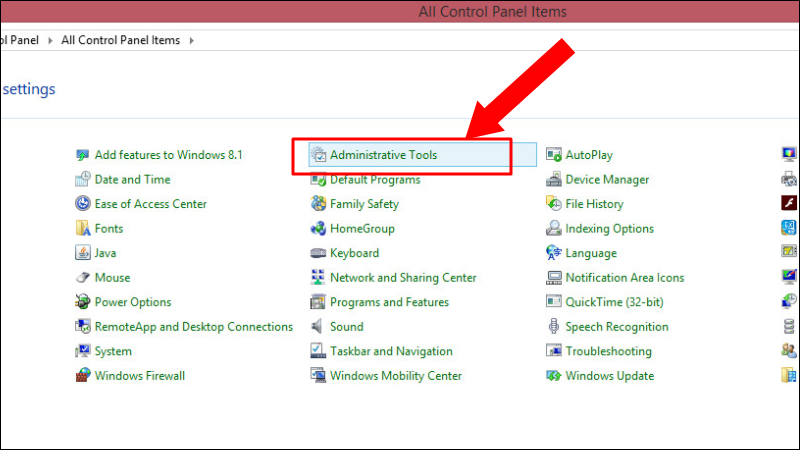 Chọn Administrative Tools trên màn hình