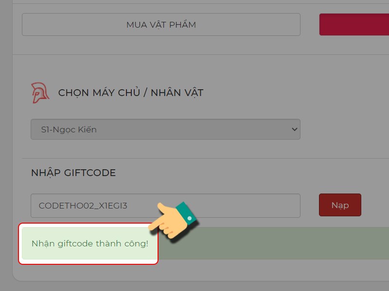 Thông báo nhập code thành công Thông báo nhập code thành công