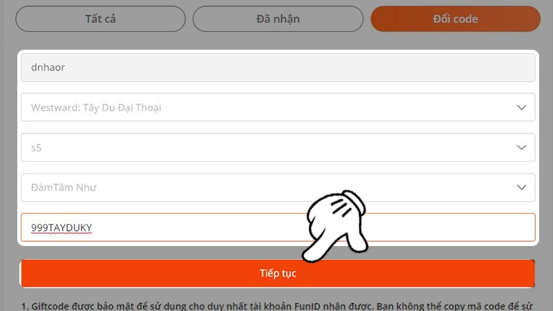 Nhập đầy đủ thông tin nhân vật và mã code Nhập đầy đủ thông tin nhân vật và mã code