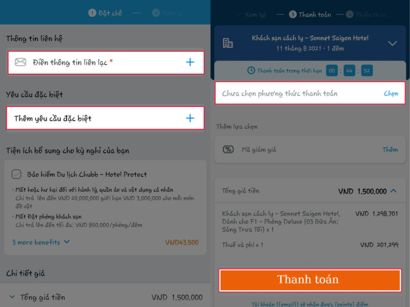 Điền thông tin và lựa chọn thanh toán Điền thông tin và lựa chọn thanh toán