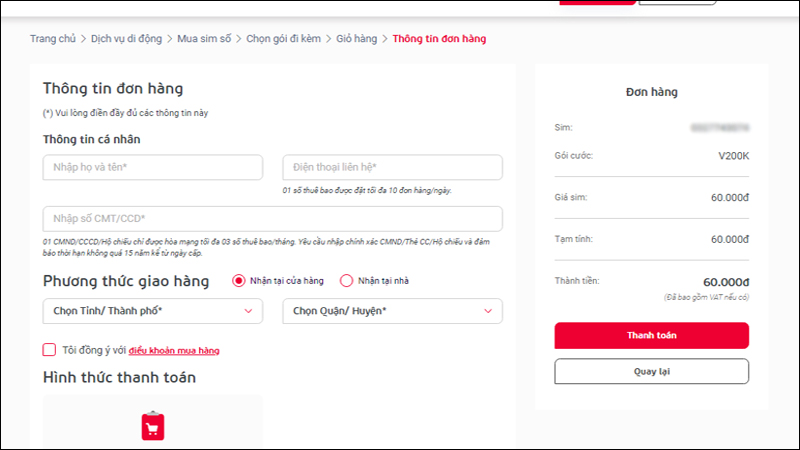 Nhập thông tin và tiến hành thanh toán