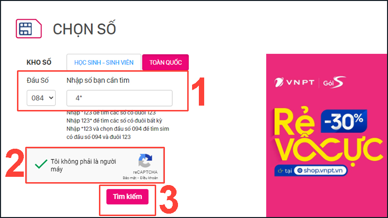 Bạn hãy chọn đầu số SIM và ấn Tìm kiếm