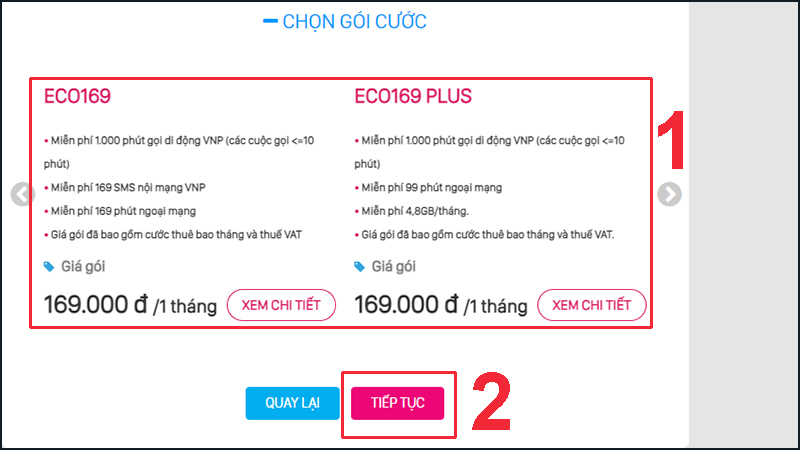 Chọn gói cước dành cho thuê bao bạn đã chọn