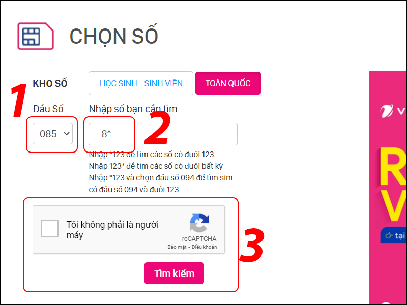 Tìm thuê bao đầu số 0858
