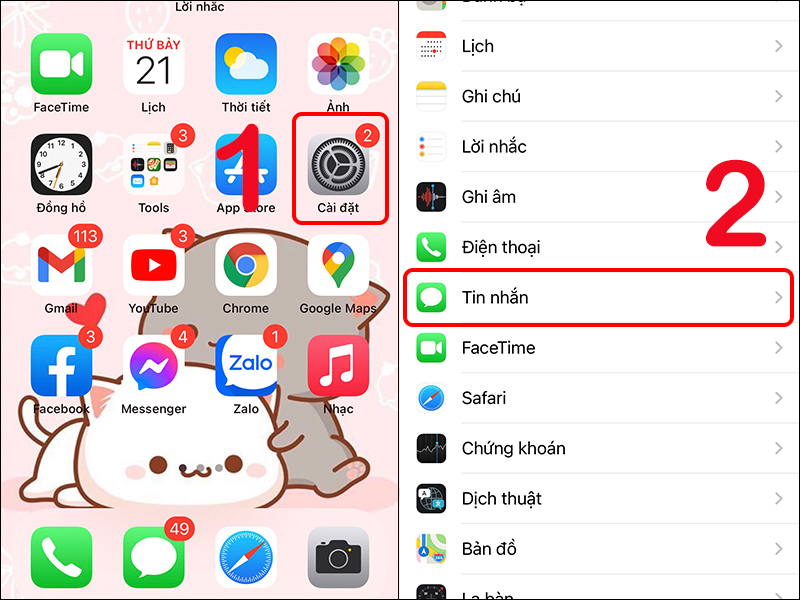 Vào Cài đặt và chọn Tin nhắn