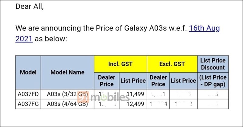 Rò rỉ giá bán phải chăng của Galaxy A03s tại Ấn Độ trước ngày ra mắt: Chỉ từ 3.53 triệu đồng Rò rỉ giá bán phải chăng của Galaxy A03s tại Ấn Độ trước ngày ra mắt: Chỉ từ 3.53 triệu đồng