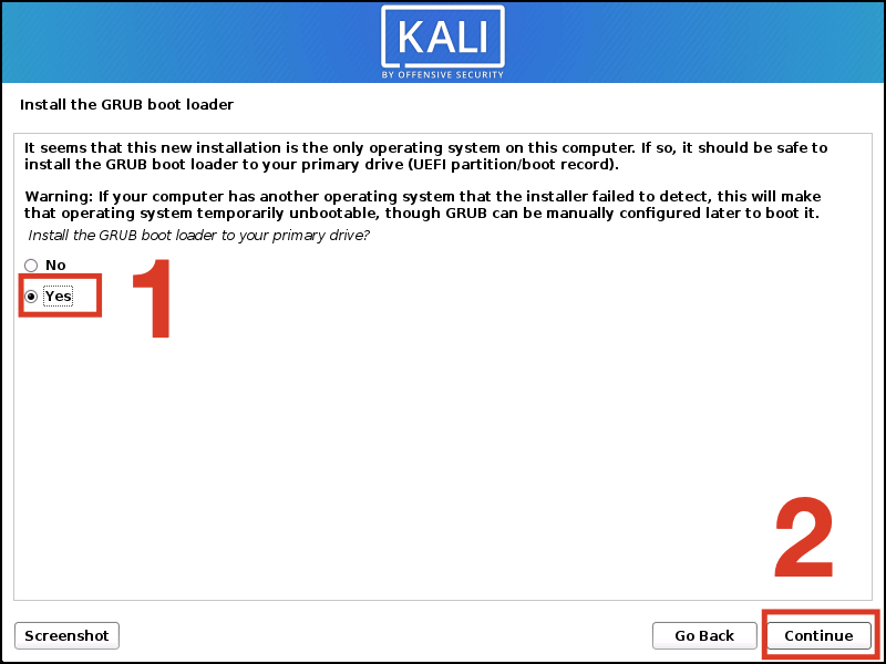 huong-dan-cach-cai-kali-linux-tren-may-tinh-chi-tiet-de-1-021-800x600-1 Ở mục Install the GRUB boot loader to your primary drive, nhấn Yes
