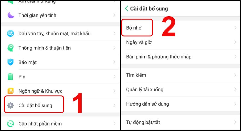 Tìm đến bộ nhớ trong phần cài đặt