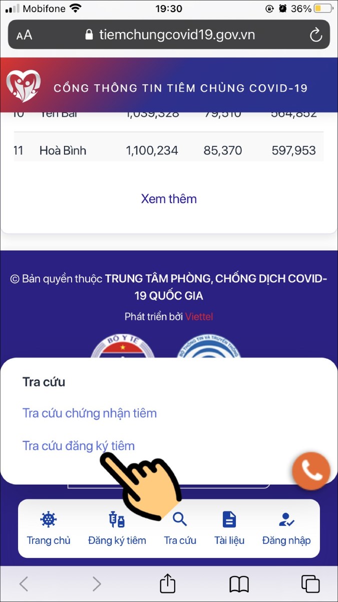 Nhấn vào mục Tra cứu và chọn Tra cứu đăng ký tiêm Nhấn vào mục Tra cứu và chọn Tra cứu đăng ký tiêm