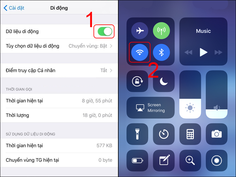 Gạt nút Dữ liệu di động sang phải để bật 4G và tắt WiFi
