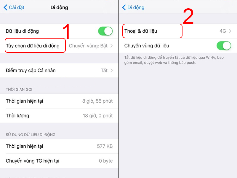 Chọn Tùy chọn dữ liệu di động sau đó nhấn vào Thoại & Dữ liệu