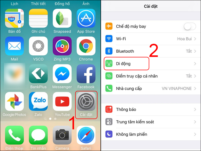 Vào Cài đặt và chọn Di động