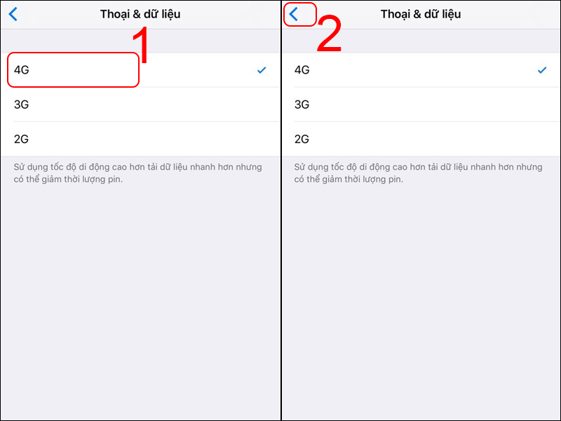 Nhấn chọn 4G và nhấn Back lại