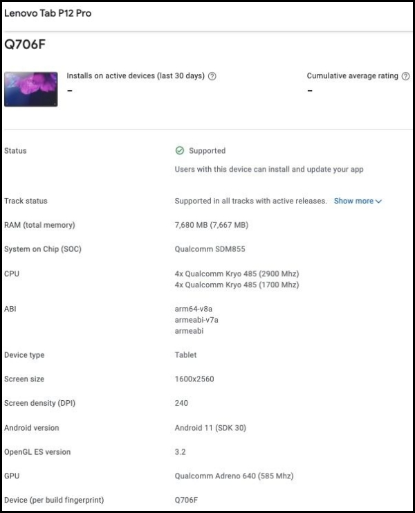 Lenovo P12 Pro được liệt kê trên Google Play Console Lenovo P12 Pro được liệt kê trên Google Play Console