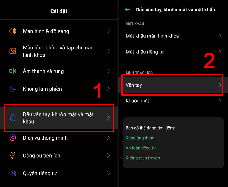 Chọn Vân tay trong mục Sinh trắc học