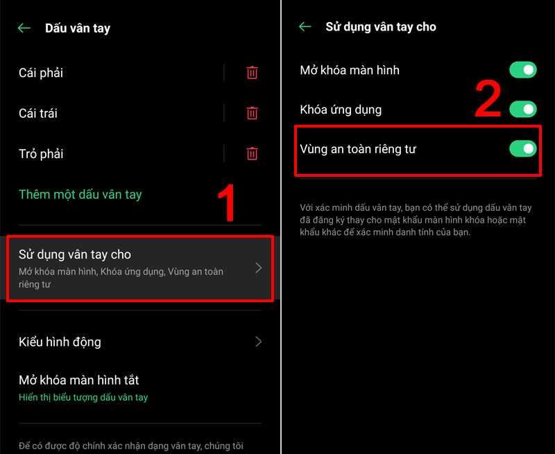 Sử dụng dấu vân tay cho Vùng an toàn riêng tư