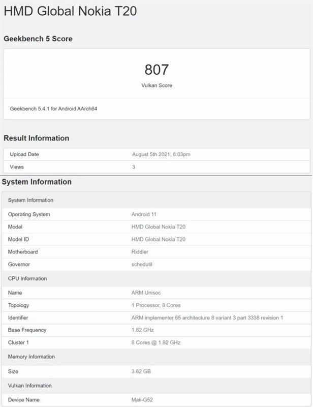Nokia T20 xuất hiện trên Geekbench Nokia T20 xuất hiện trên Geekbench