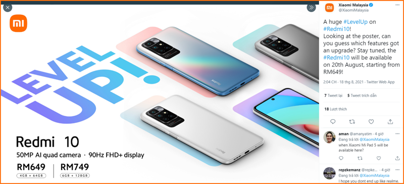 Redmi 10 chính thức ra mắt tại Malaysia Redmi 10 chính thức ra mắt tại Malaysia