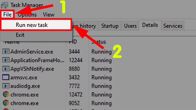 Chọn thẻ File > Chọn Run new task Chọn thẻ File > Chọn Run new task