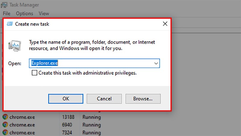 Nhập lệnh Explorer.exe > Chọn OK Nhập lệnh Explorer.exe > Chọn OK