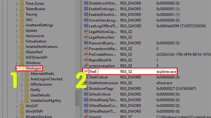 Click 2 lần vào mục Shell > Thay đổi giá trị trong mục này thành explorer.exe Click 2 lần vào mục Shell > Thay đổi giá trị trong mục này thành explorer.exe