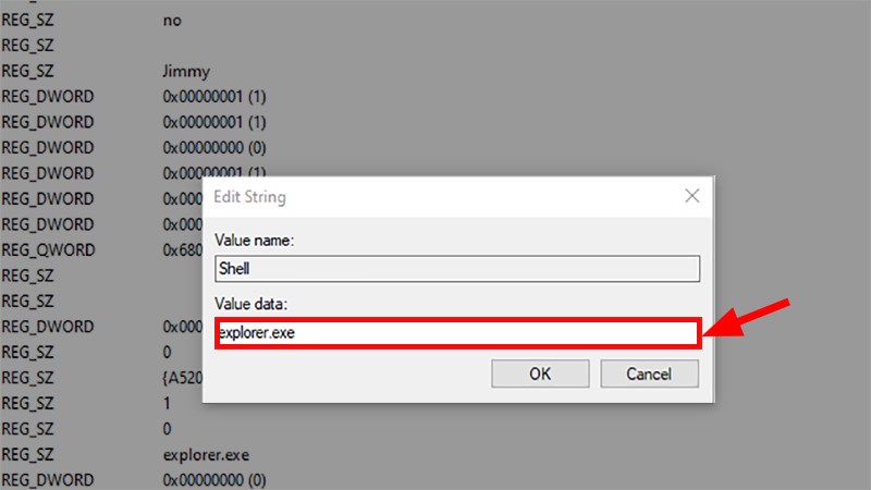 Thay đổi giá trị trong hộp thoại hiện lên thành explorer.exe Thay đổi giá trị trong hộp thoại hiện lên thành explorer.exe