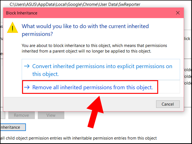 Chọn Remove all inherited permissions from this object