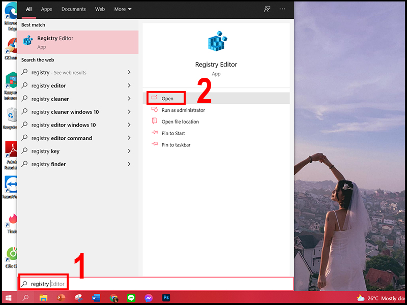 Vào thanh tìm kiếm của Windows để mở Registry