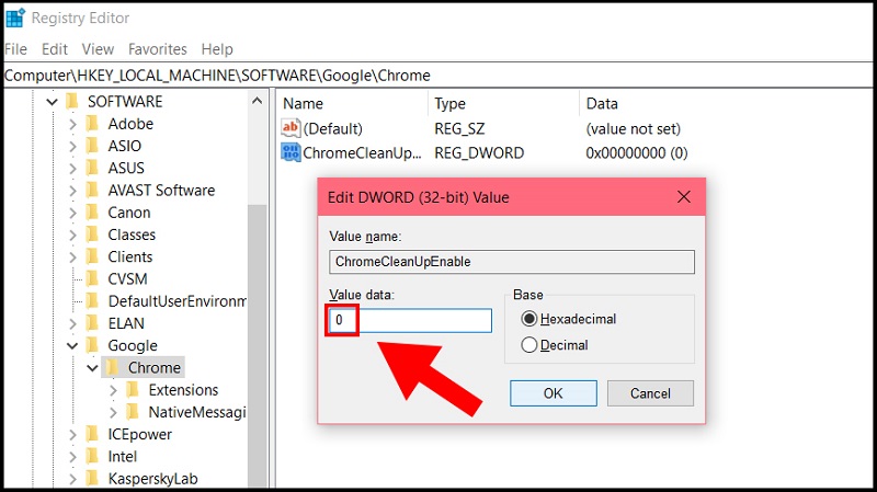 Nhập giá trị 0 vào ô dữ liệu của tệp ChromeCleanupEnabled