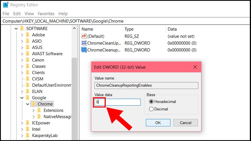 Nhập giá trị 0 vào ô dữ liệu của tệp ChromeCleanupReportingEnables