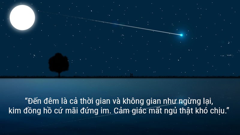 Đến đêm là cả thời gian và không gian như ngừng lại, kim đồng hồ cứ mãi đứng im. Cảm giác mất ngủ thật khó chịu. Đến đêm là cả thời gian và không gian như ngừng lại, kim đồng hồ cứ mãi đứng im. Cảm giác mất ngủ thật khó chịu.