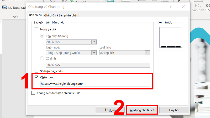 Nhập nội dung tiêu đề và nhấn vào Áp dụng cho tất cả để áp dụng cho tất cả slide