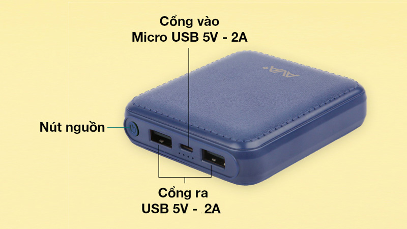 Gồm 2 cổng ra USB và 1 cổng vào Micro USB 5V - 2A và nút nguồn