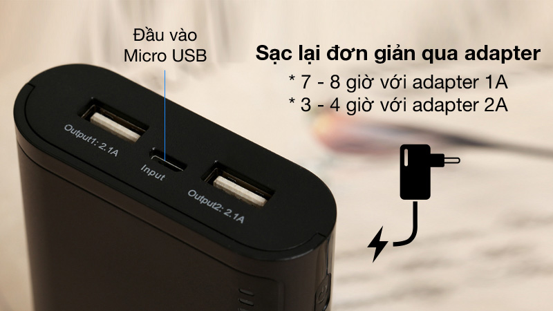 Hai cổng ra USB và một cổng vào Micro USB