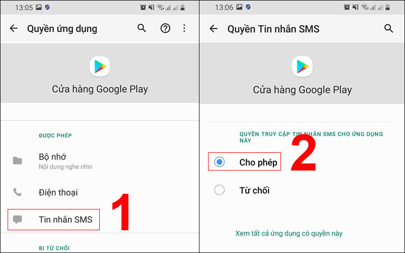 Cấp quyền thông báo bằng tin nhắn cho Google Play