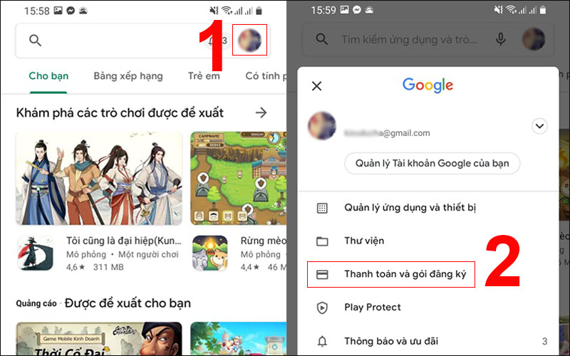 Chọn mục thanh toán và gói đăng ký