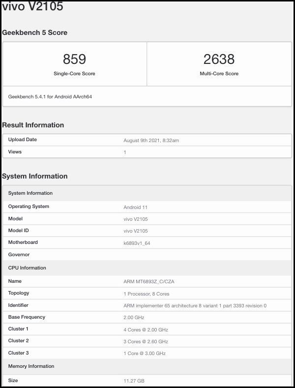 Vivo V2105 xuất hiện trên Geekbench được cho là tên mã của Vivo X70 Pro
