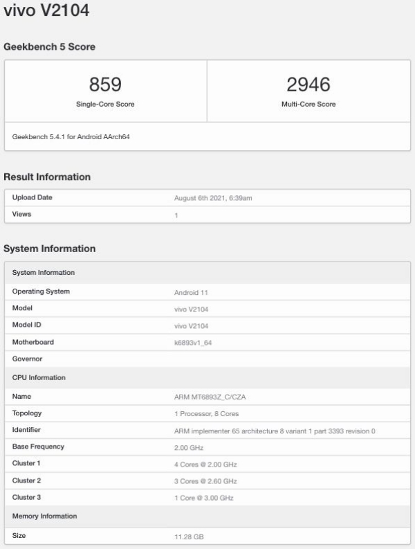 V2104 xuất hiện trên Geekbench được cho là số model của Vivo X70