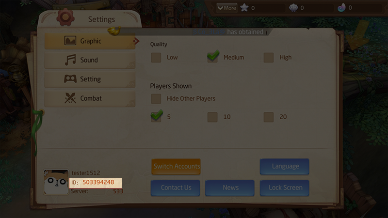 ID nhân vật nằm ở góc trái dưới cửa sổ Settings ID nhân vật nằm ở góc trái dưới cửa sổ Settings